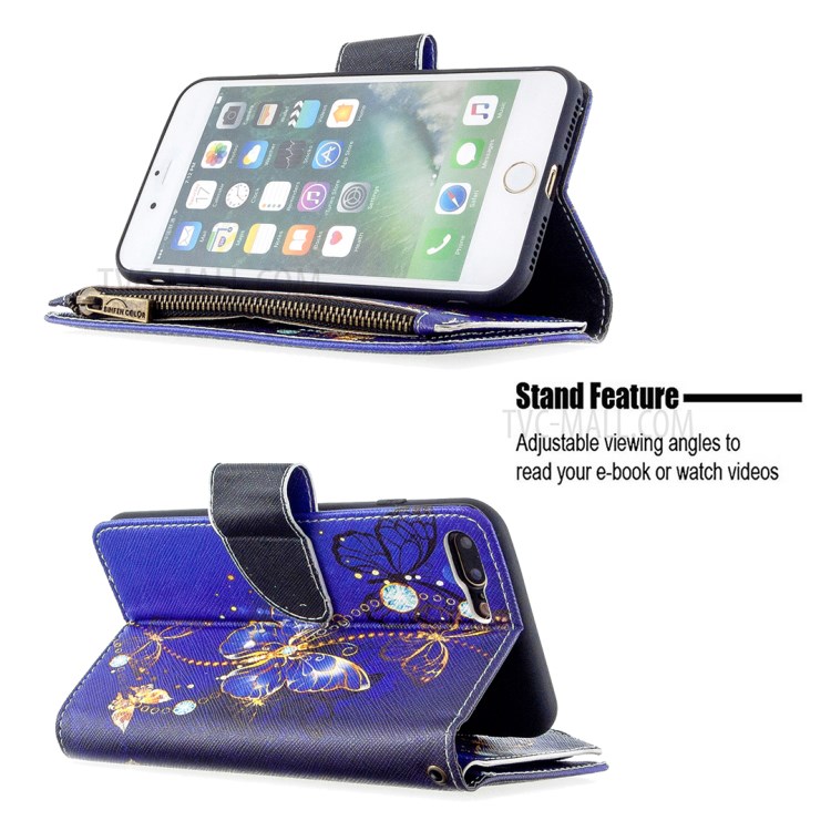 BF03 Pattern Printing Zipper Wallet Leather Phone Casing for iPhone 8 Plus/7 Plus 5.5 inch - Gold Butterfly-5