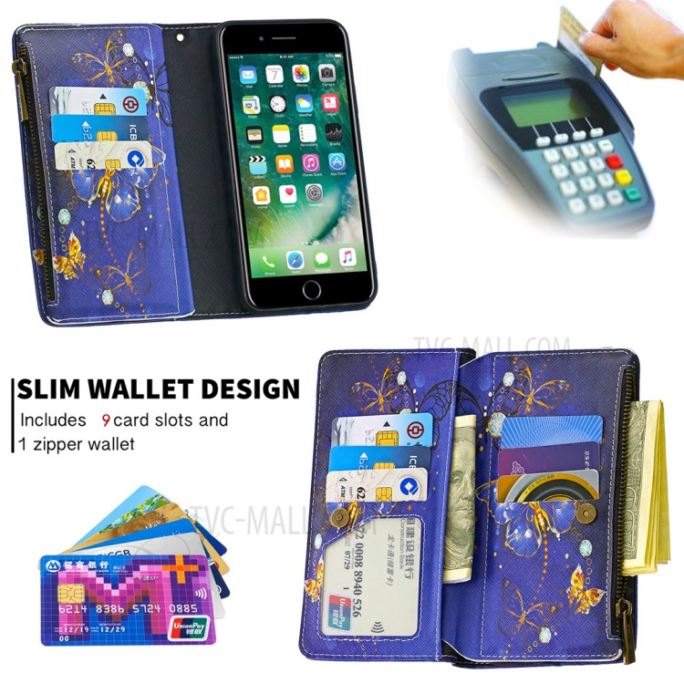 BF03 Pattern Printing Zipper Wallet Leather Phone Casing for iPhone 8 Plus/7 Plus 5.5 inch - Gold Butterfly-6