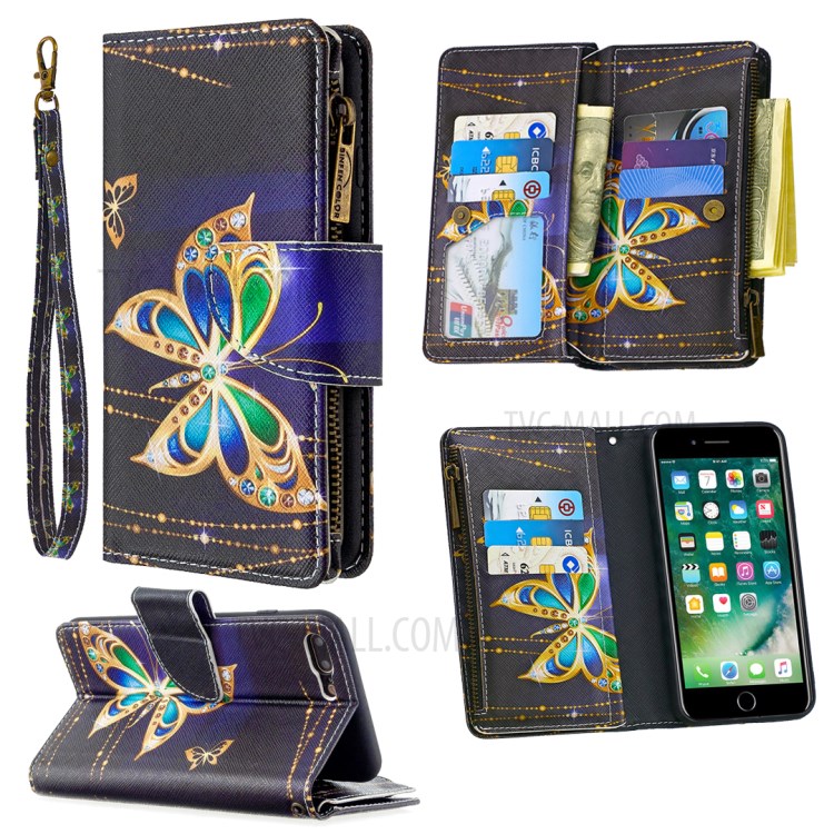 BF03 Pattern Printing Zipper Wallet Leather Phone Casing for iPhone 8 Plus/7 Plus 5.5 inch - Crystal Butterfly-1