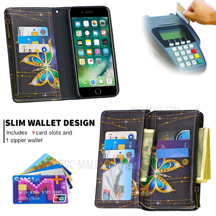 BF03 Pattern Printing Zipper Wallet Leather Phone Casing for iPhone 8 Plus/7 Plus 5.5 inch - Crystal Butterfly-6