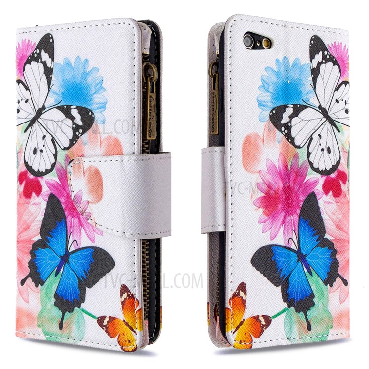Padrão BF03 Impressão Escudo Protetor Carteira De Couro Com Zíper Para IPhone 6 Plus / 6s Acrescida De 5,5 Polegadas - Azul E Borboleta Branca-4