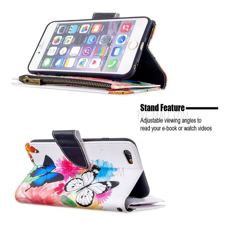 Padrão BF03 Impressão Escudo Protetor Carteira De Couro Com Zíper Para IPhone 6 Plus / 6s Acrescida De 5,5 Polegadas - Azul E Borboleta Branca-5