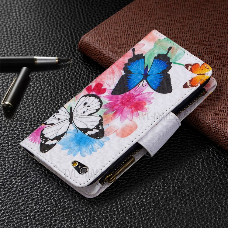Padrão BF03 Impressão Escudo Protetor Carteira De Couro Com Zíper Para IPhone 6 Plus / 6s Acrescida De 5,5 Polegadas - Azul E Borboleta Branca-8