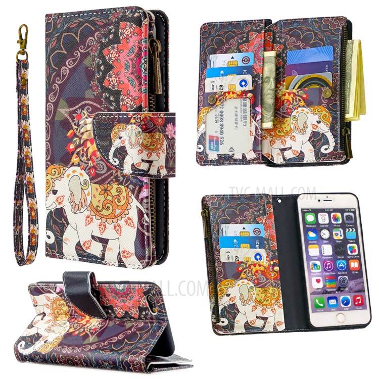BF03 Pattern Printing Zipper Wallet Leather Protective Shell for iPhone 6 Plus/6S Plus 5.5 inch - Elephant-1