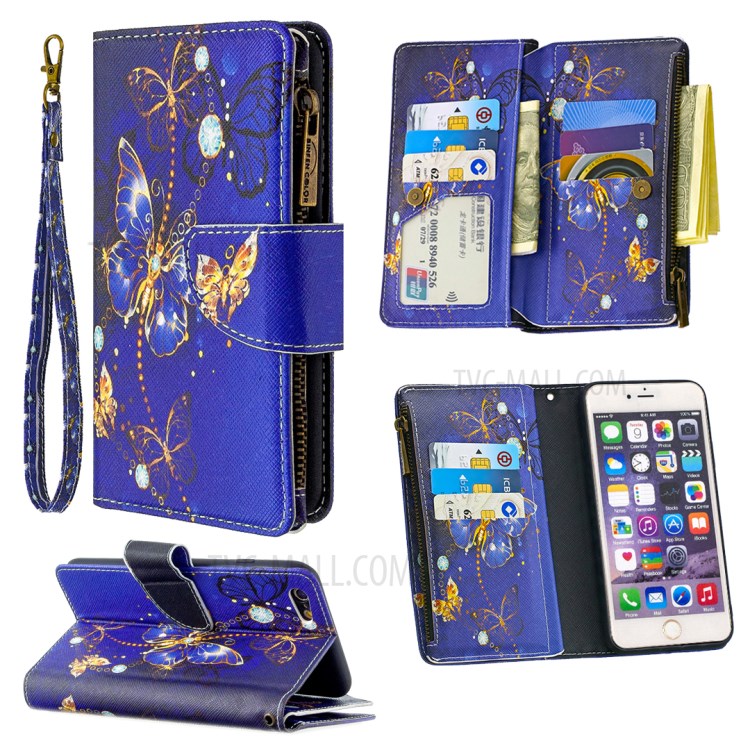 BF03 Pattern Printing Zipper Wallet Leather Protective Shell for iPhone 6 Plus/6S Plus 5.5 inch - Gold Butterfly-1