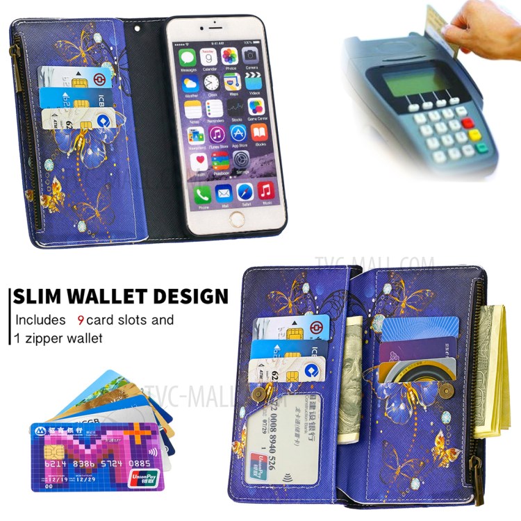 BF03 Pattern Printing Zipper Wallet Leather Protective Shell for iPhone 6 Plus/6S Plus 5.5 inch - Gold Butterfly-6