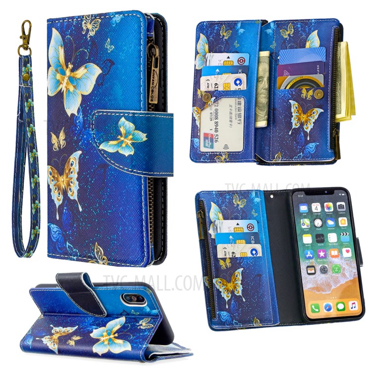 BF03 Pattern Printing Zipper Wallet Leather Protective Phone Cover for iPhone X/XS 5.8 inch - Beautiful Butterfly-1