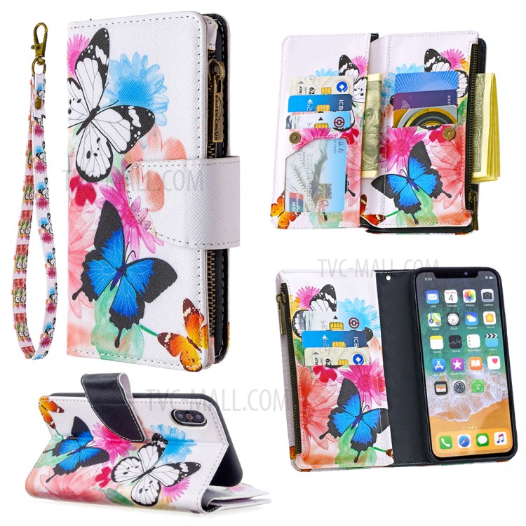 BF03 Pattern Printing Zipper Wallet Leather Protective Phone Cover for iPhone X/XS 5.8 inch - Blue and White Butterfly-1