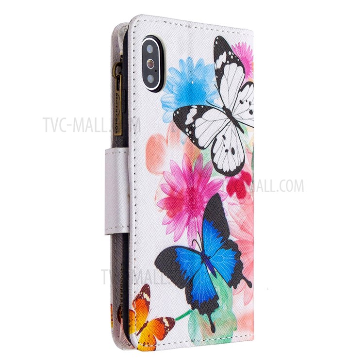 BF03 Pattern Printing Zipper Wallet Leather Protective Phone Cover for iPhone X/XS 5.8 inch - Blue and White Butterfly-3