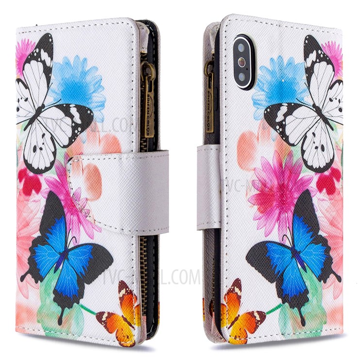 BF03 Pattern Printing Zipper Wallet Leather Protective Phone Cover for iPhone X/XS 5.8 inch - Blue and White Butterfly-4