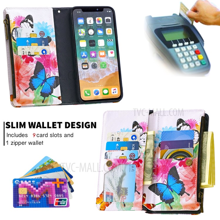 BF03 Pattern Printing Zipper Wallet Leather Protective Phone Cover for iPhone X/XS 5.8 inch - Blue and White Butterfly-5