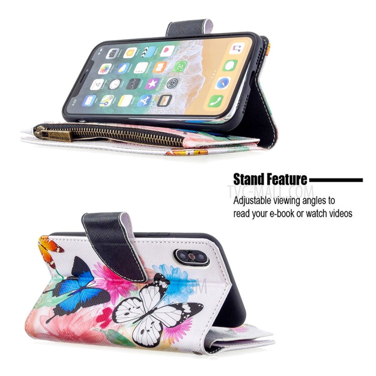 BF03 Pattern Printing Zipper Wallet Leather Protective Phone Cover for iPhone X/XS 5.8 inch - Blue and White Butterfly-6