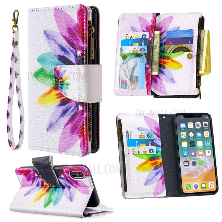 BF03 Pattern Printing Zipper Wallet Leather Protective Phone Cover for iPhone X/XS 5.8 inch - Colorful Petals-1