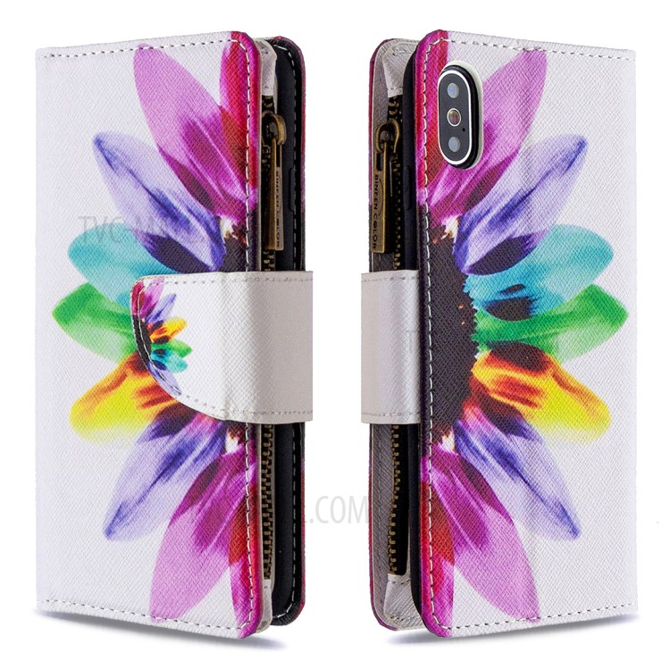 BF03 Pattern Printing Zipper Wallet Leather Protective Phone Cover for iPhone X/XS 5.8 inch - Colorful Petals-4