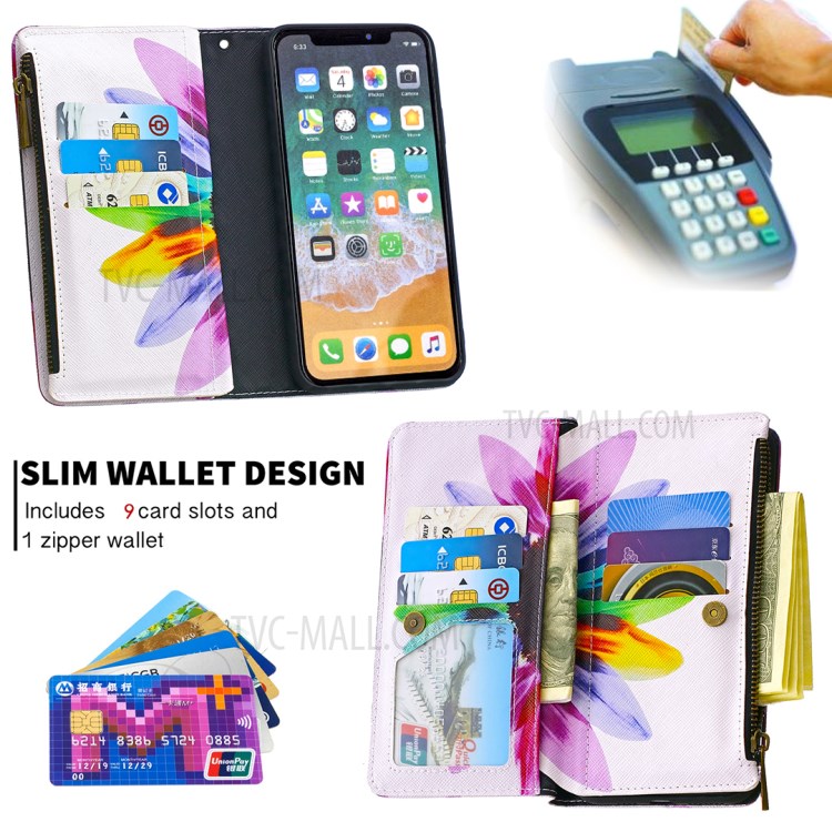 BF03 Pattern Printing Zipper Wallet Leather Protective Phone Cover for iPhone X/XS 5.8 inch - Colorful Petals-5