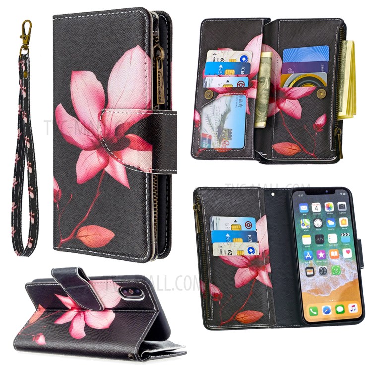 BF03 Pattern Printing Zipper Wallet Leather Protective Phone Cover for iPhone X/XS 5.8 inch - Flower-1