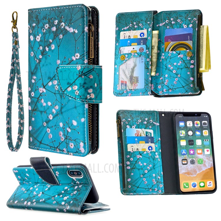 BF03 Pattern Printing Zipper Wallet Leather Protective Phone Cover for iPhone X/XS 5.8 inch - Plum Blossom-1
