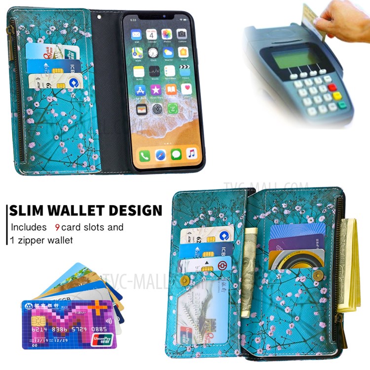 BF03 Pattern Printing Zipper Wallet Leather Protective Phone Cover for iPhone X/XS 5.8 inch - Plum Blossom-5