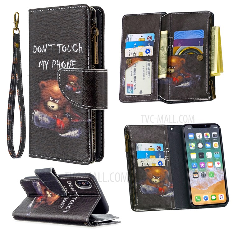 BF03 Pattern Printing Zipper Wallet Leather Protective Phone Cover for iPhone X/XS 5.8 inch - Fierce Bear-1