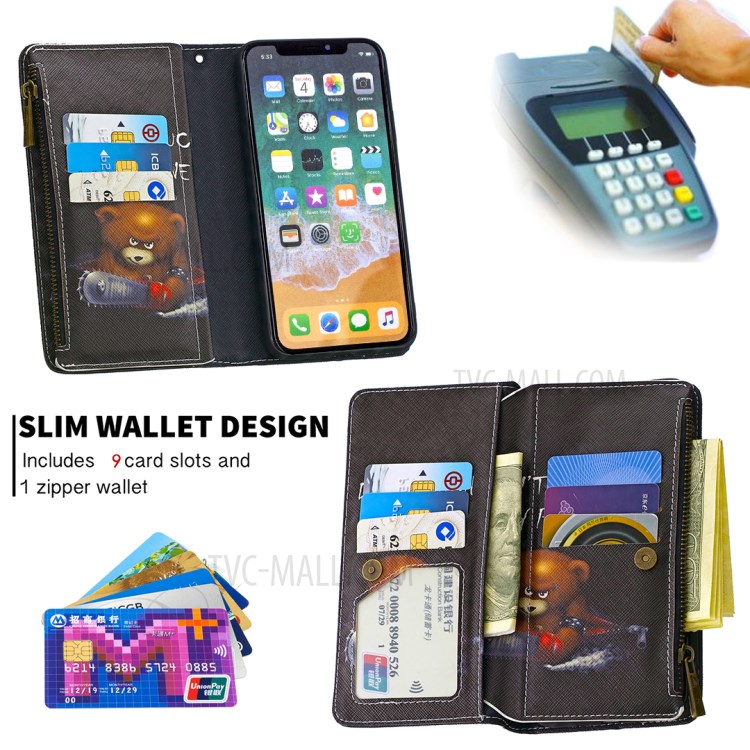 BF03 Pattern Printing Zipper Wallet Leather Protective Phone Cover for iPhone X/XS 5.8 inch - Fierce Bear-5