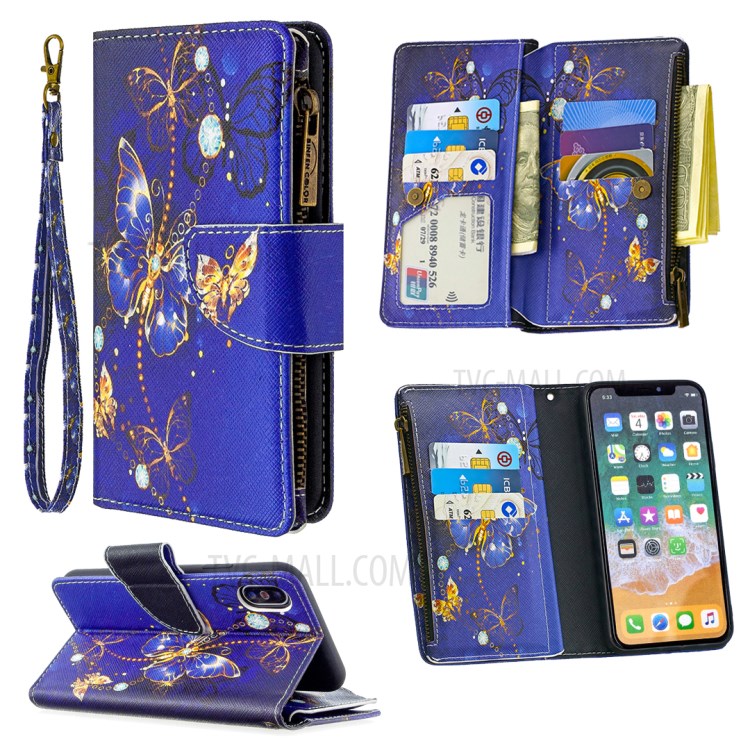 BF03 Pattern Printing Zipper Wallet Leather Protective Phone Cover for iPhone X/XS 5.8 inch - Gold Butterfly-1