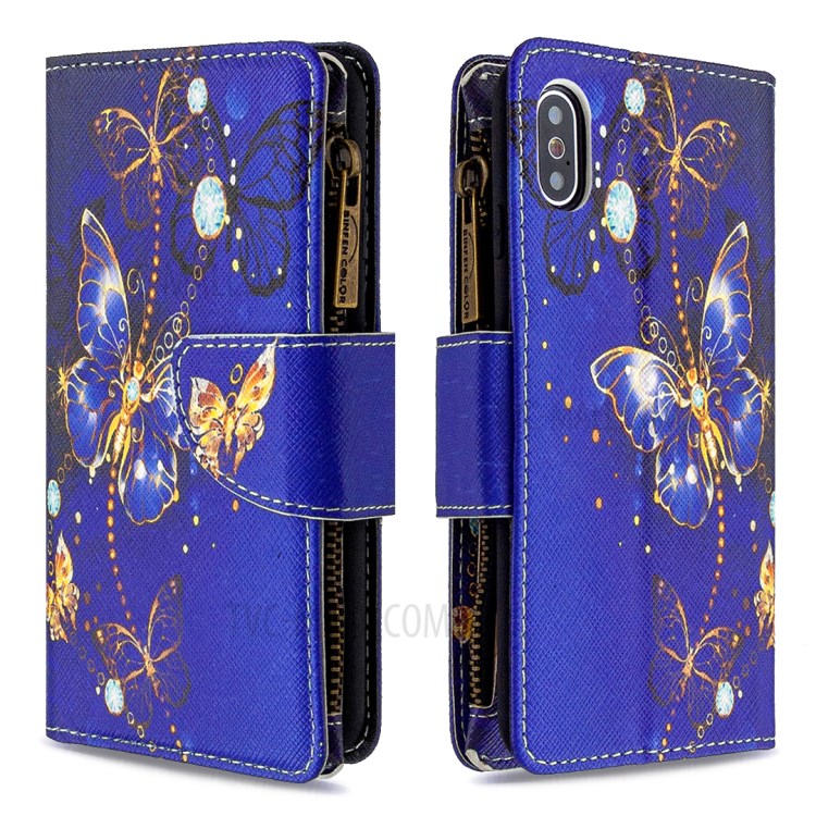 BF03 Pattern Printing Zipper Wallet Leather Protective Phone Cover for iPhone X/XS 5.8 inch - Gold Butterfly-4