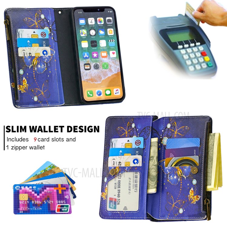 BF03 Pattern Printing Zipper Wallet Leather Protective Phone Cover for iPhone X/XS 5.8 inch - Gold Butterfly-5