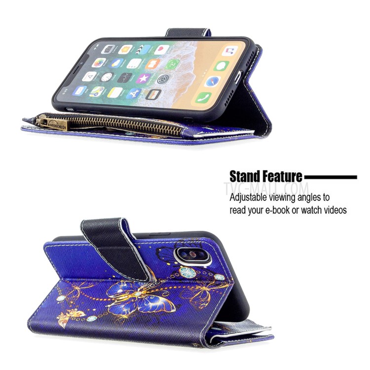 BF03 Pattern Printing Zipper Wallet Leather Protective Phone Cover for iPhone X/XS 5.8 inch - Gold Butterfly-6