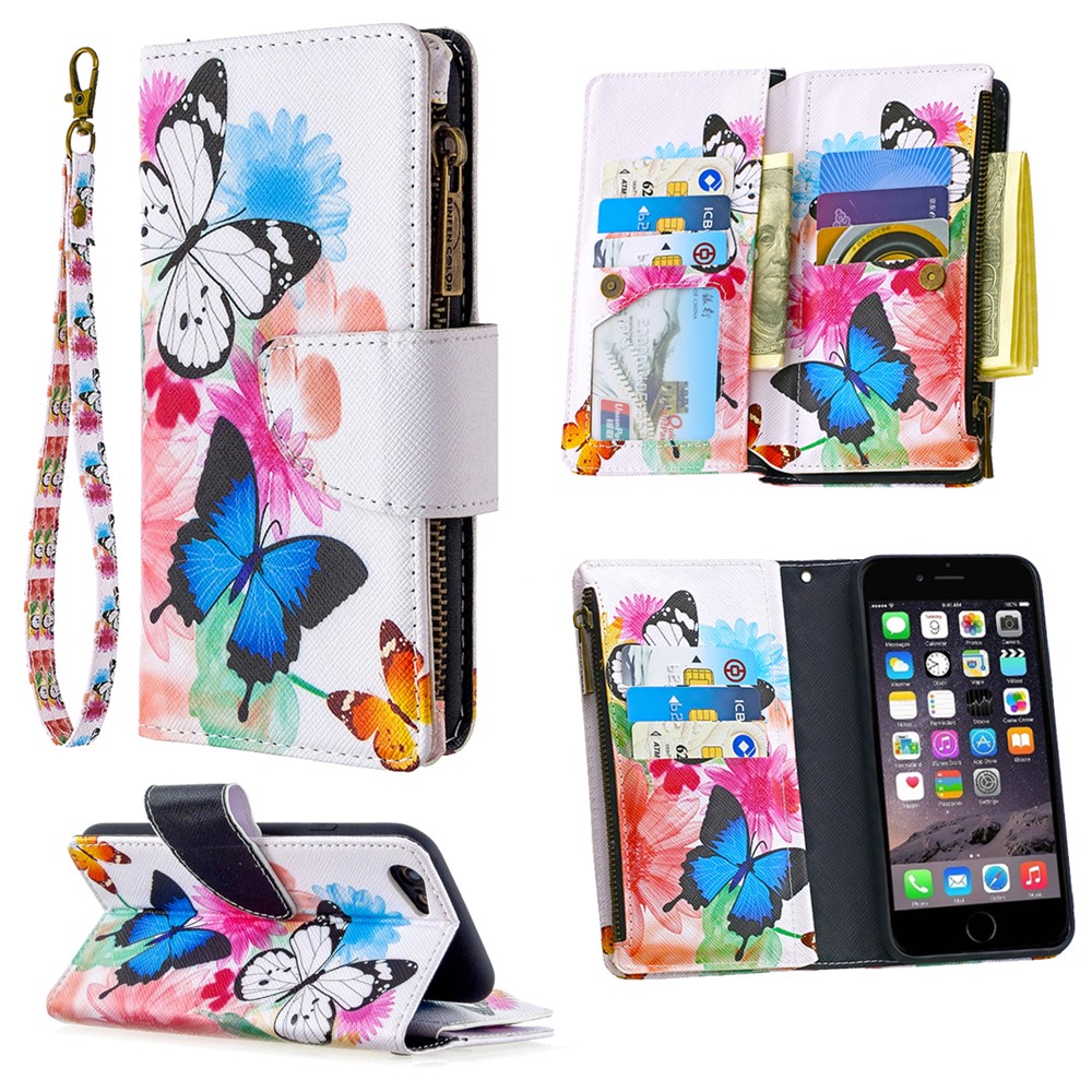 Motif BF03 Impression Étui De Protection En Cuir Portefeuille Fermeture À Glissière Pour Iphone 6 / 6S 4,7 Pouces - Bleu Et Blanc Papillon-1