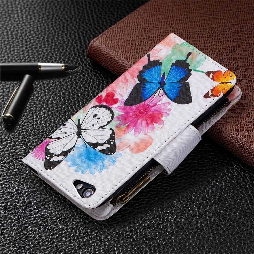 Motif BF03 Impression Étui De Protection En Cuir Portefeuille Fermeture À Glissière Pour Iphone 6 / 6S 4,7 Pouces - Bleu Et Blanc Papillon-8