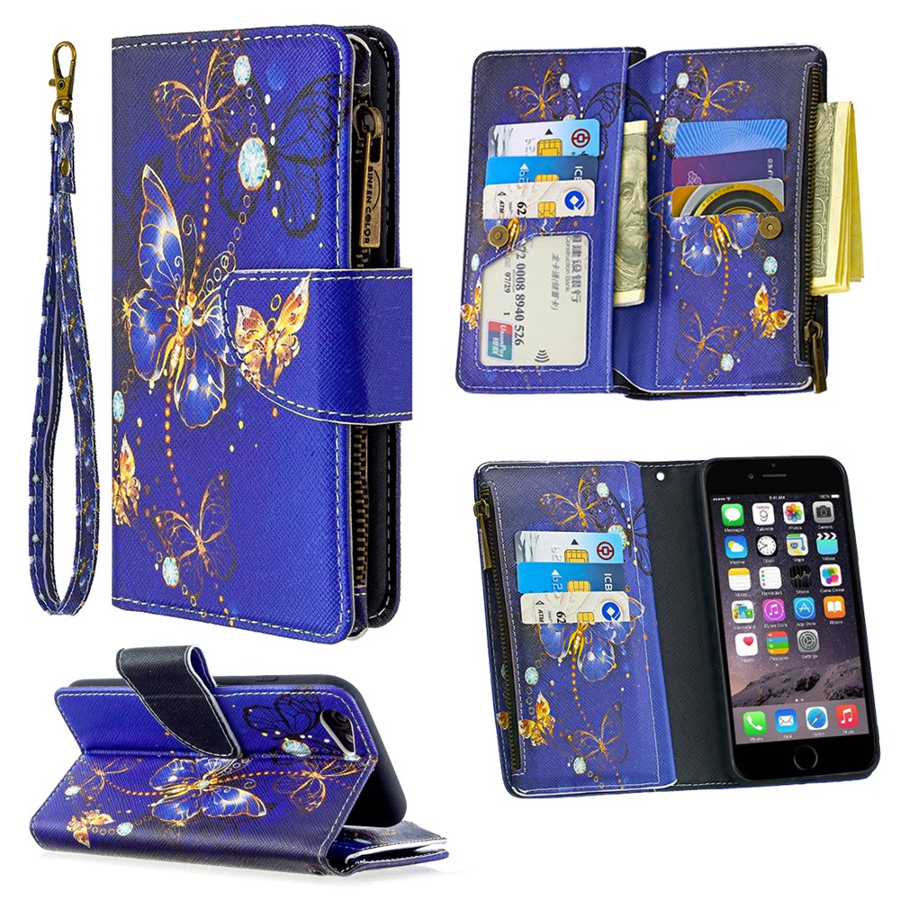 BF03 Pattern Printing Zipper Wallet Leather Protective Case for iPhone 6/6s 4.7-inch - Gold Butterfly-1