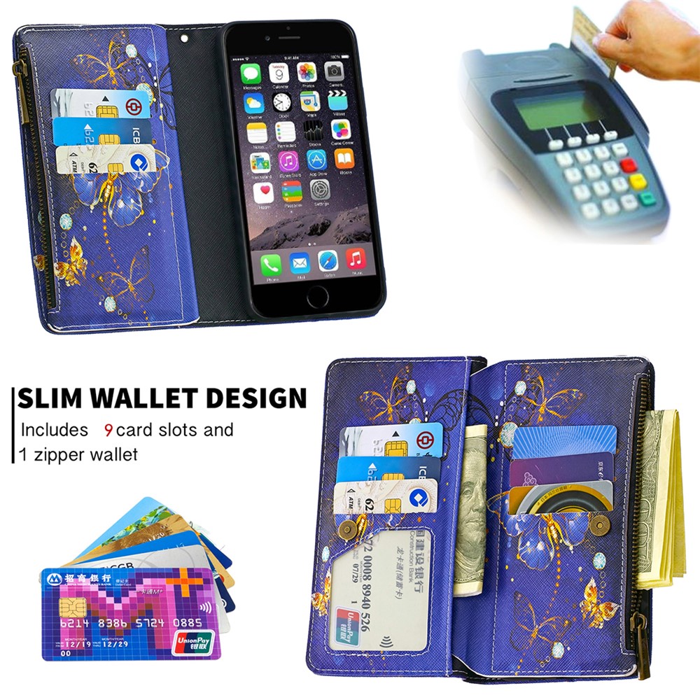 BF03 Pattern Printing Zipper Wallet Leather Protective Case for iPhone 6/6s 4.7-inch - Gold Butterfly-6