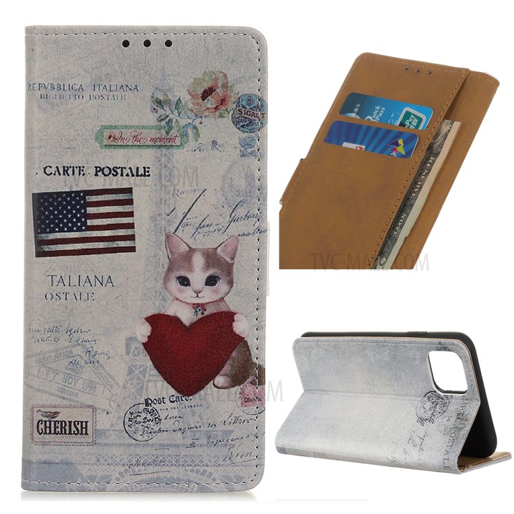 Pattern Printing Wallet Leather Phone Case for Apple iPhone 12 Max/12 Pro 6.1 inch - Cat Holding Heart-1
