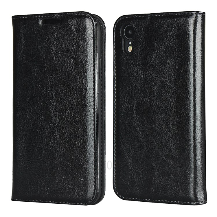Crazy Horse Texture Genuine Leather Wallet Phone Case for Apple iPhone XR 6.1 inch - Black-1