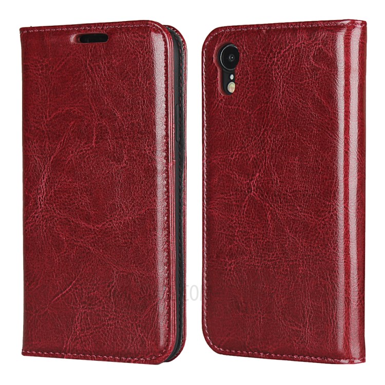 Crazy Horse Texture Genuine Leather Wallet Phone Case for Apple iPhone XR 6.1 inch - Red-1