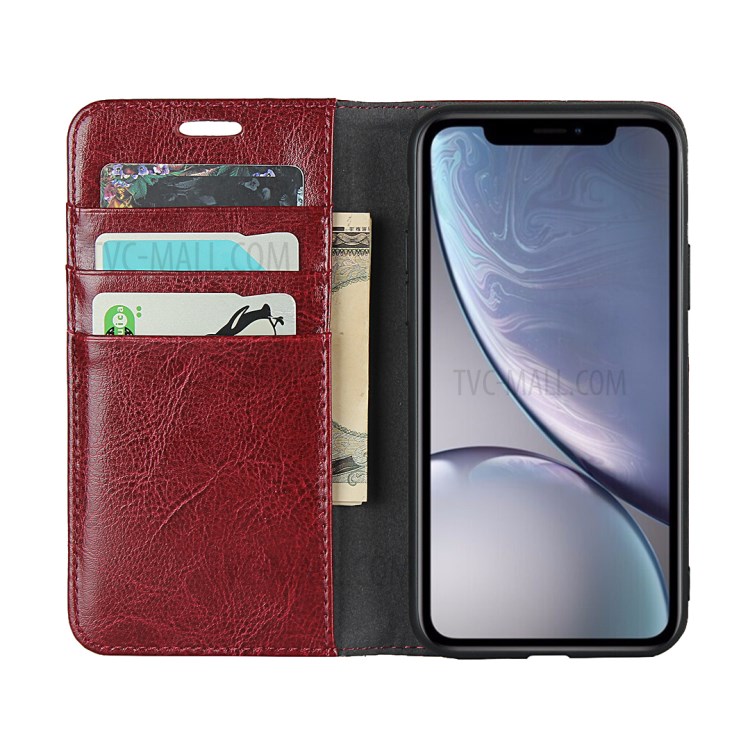 Crazy Horse Texture Genuine Leather Wallet Phone Case for Apple iPhone XR 6.1 inch - Red-2