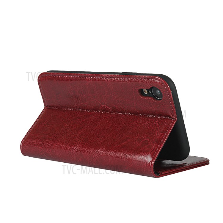 Crazy Horse Texture Genuine Leather Wallet Phone Case for Apple iPhone XR 6.1 inch - Red-5