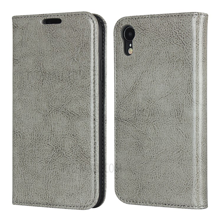 Crazy Horse Texture Genuine Leather Wallet Phone Case for Apple iPhone XR 6.1 inch - Grey-1