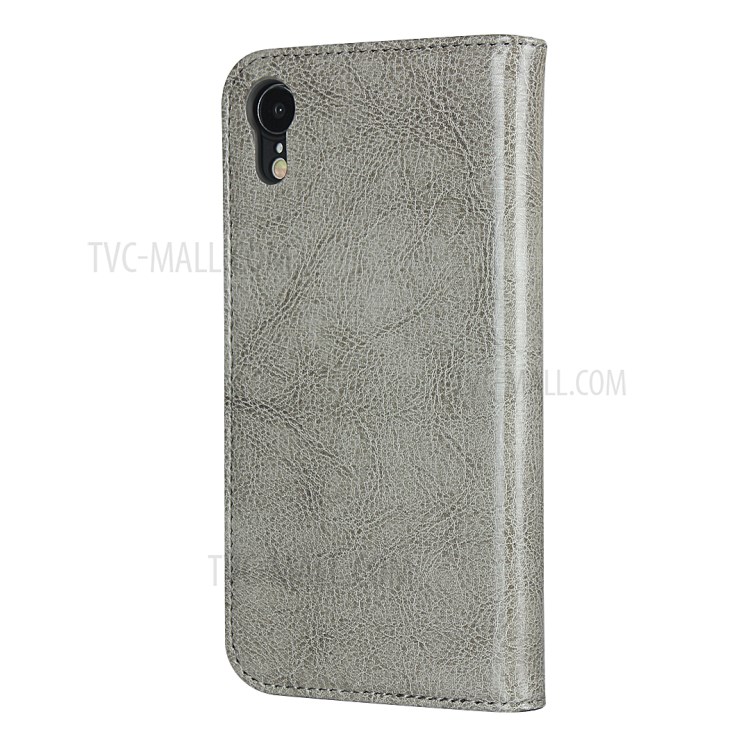 Crazy Horse Texture Genuine Leather Wallet Phone Case for Apple iPhone XR 6.1 inch - Grey-3