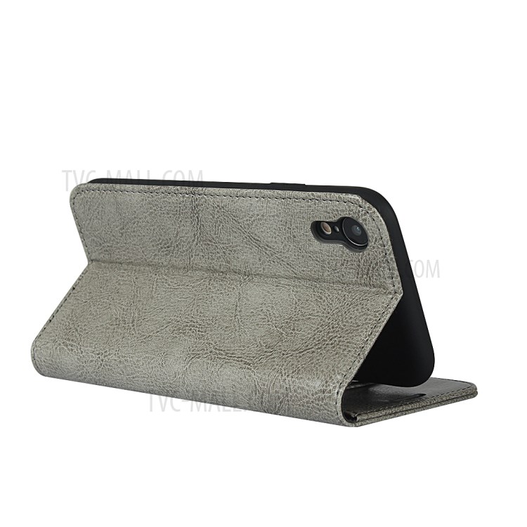 Crazy Horse Texture Genuine Leather Wallet Phone Case for Apple iPhone XR 6.1 inch - Grey-4