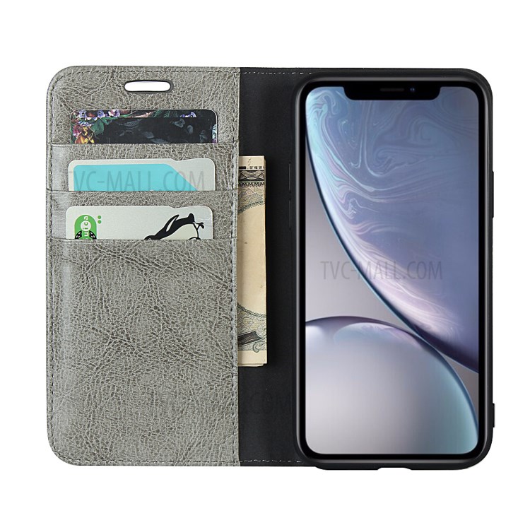 Crazy Horse Texture Genuine Leather Wallet Phone Case for Apple iPhone XR 6.1 inch - Grey-7