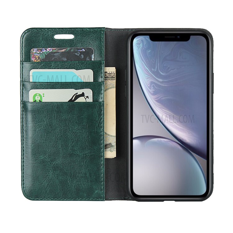 Crazy Horse Texture Genuine Leather Wallet Phone Case for Apple iPhone XR 6.1 inch - Green-2