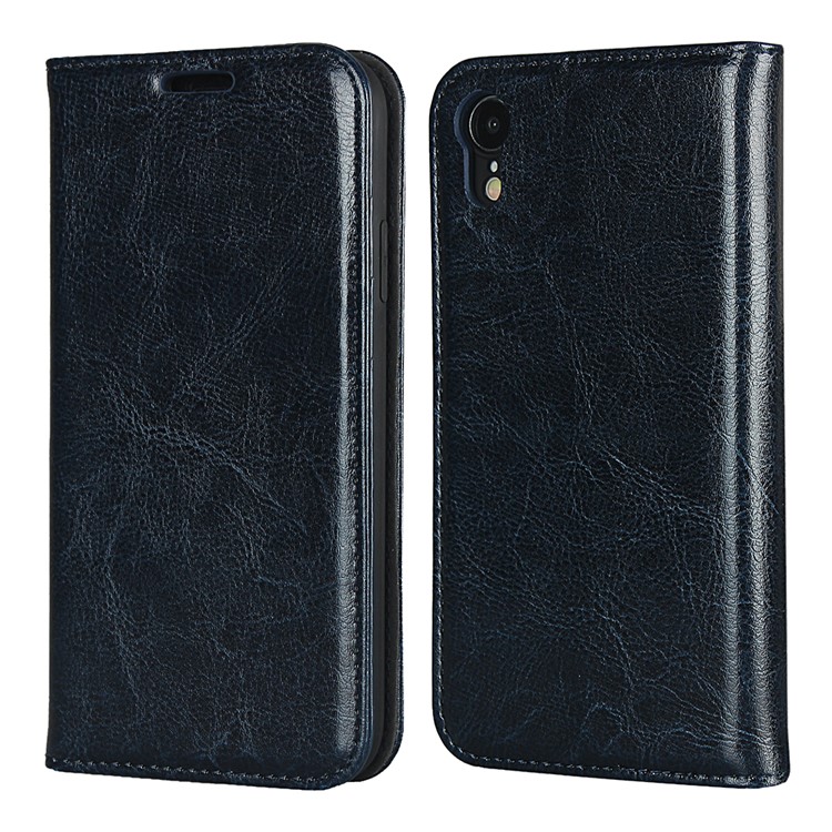 Crazy Horse Texture Genuine Leather Wallet Phone Case for Apple iPhone XR 6.1 inch - Blue-1