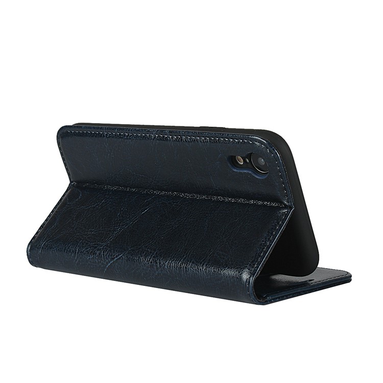Crazy Horse Texture Genuine Leather Wallet Phone Case for Apple iPhone XR 6.1 inch - Blue-5