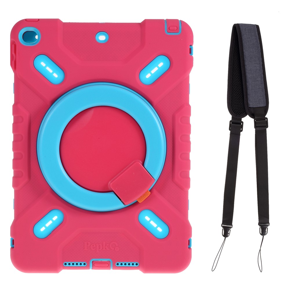 PEPKOO Shock-proof Silicone Plastic Kid Dual Protective Kickstand Case with Shoulder Strap for iPad 10.2 (2021)/(2020)/(2019)/Air 10.5 inch (2019) - Rose