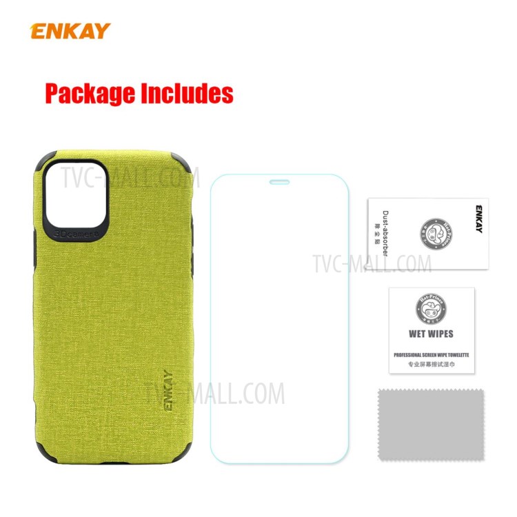 HAT PRINCE Pour IPhone 11 Pro 5,8 Pouces Enkay PC-0322 Cuir Texture Tissu Série D'affaires Enduit PU TPU + 0.26mm 9H Protecteur D'écran En Verre Trempé - Vert-11
