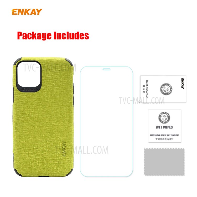 HAT PRINCE for iPhone 11 Pro 5.8 inch ENKAY PC-0322 Business Series Cloth Texture PU Leather Coated TPU Case + 0.26MM 9H Tempered Glass Screen Protector - Green-11