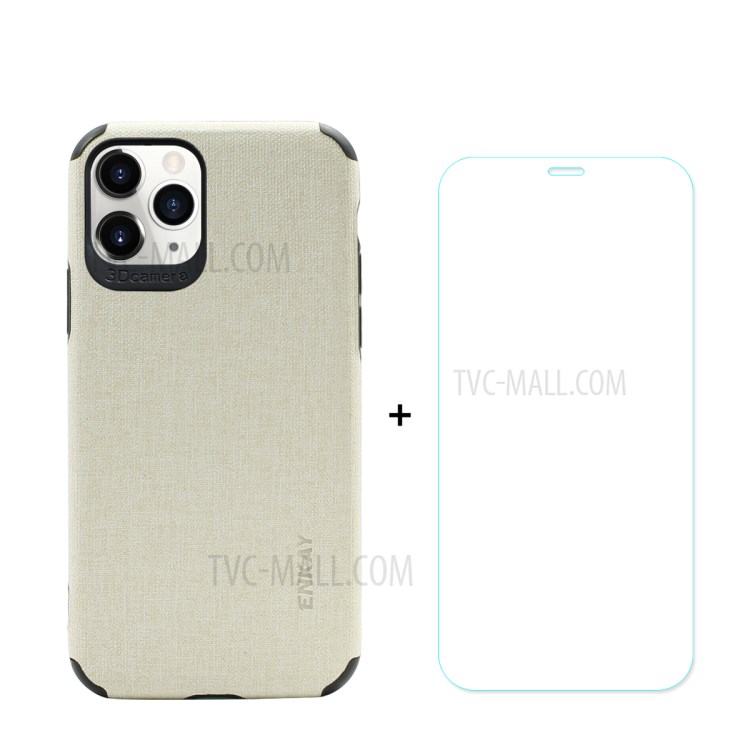 HAT PRINCE for iPhone 11 Pro 5.8 inch ENKAY PC-0322 Business Series Cloth Texture PU Leather Coated TPU Case + 0.26MM 9H Tempered Glass Screen Protector - White-1