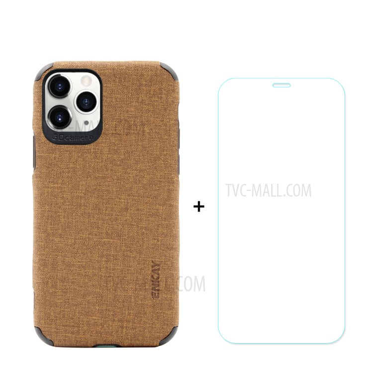 HAT PRINCE for iPhone 11 Pro 5.8 inch ENKAY PC-0322 Business Series Cloth Texture PU Leather Coated TPU Case + 0.26MM 9H Tempered Glass Screen Protector - Brown-1