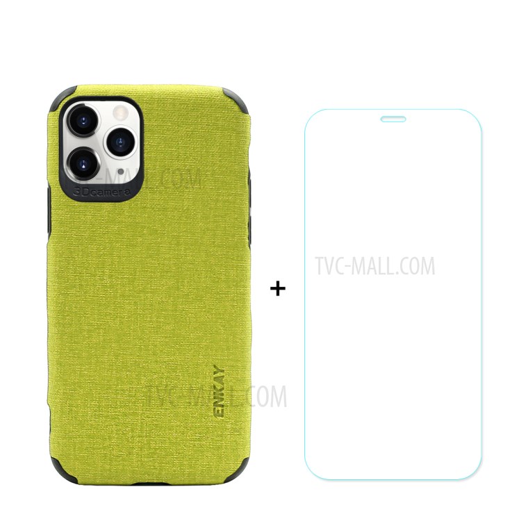 HAT PRINCE for iPhone 11 Pro Max 6.5 inch ENKAY PC-0332 Business Series Cloth Texture PU Leather Coated TPU Shell + 0.26MM 9H Tempered Glass Screen Film - Green-1